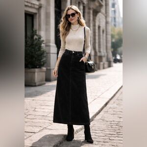 Bill Blass Vintage Black Corduroy Maxi Skirt Size 12 High Waist Ankle Length